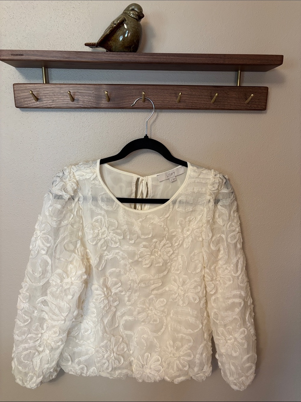 LOFT Ivory White Floral Appliqué Long-Sleeve Blouse
